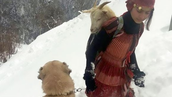 Imagine tulburătoare: cum salvează o fetiţă din Turcia un pui de capră născut în zăpadă - Galerie Foto