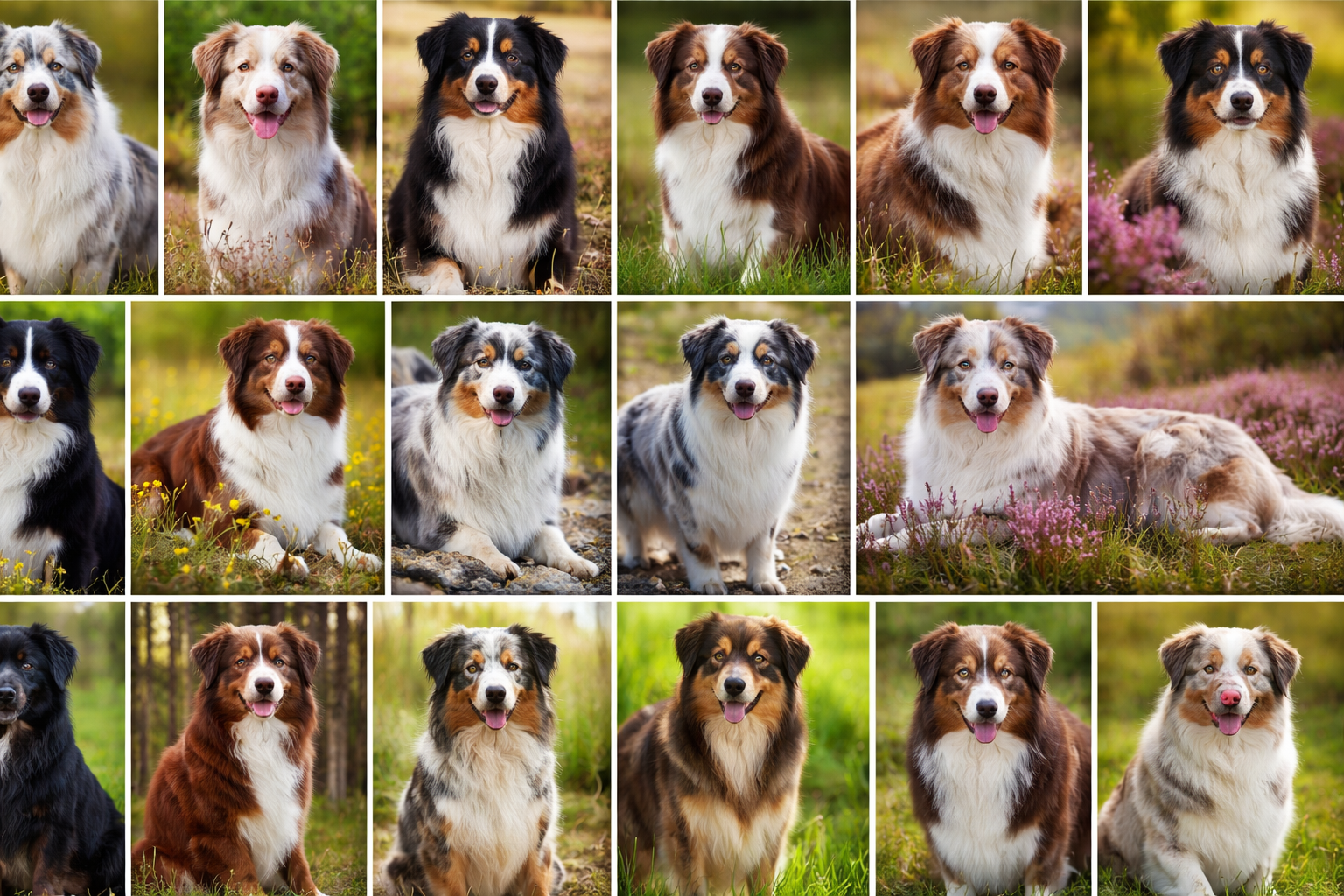 14 culori spectaculoase ale rasei ciobănesc australian. foto: Chat GPT