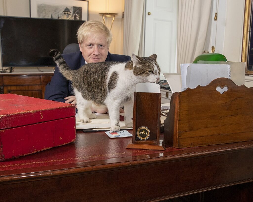 Boris Johnson si motanul Larry. Foto: https://commons.wikimedia.org/wiki/File:Larry_(48488569922).jpg