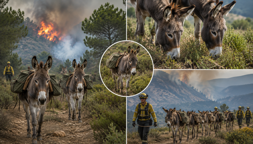 „Măgarii pompieri” ajută Spania să prevină incendiile de vegetație. Foto: AI