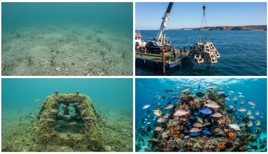 Recifele artificiale au transformat fundul mării într-un habitat pentru zeci de specii de pești. Foto: AI