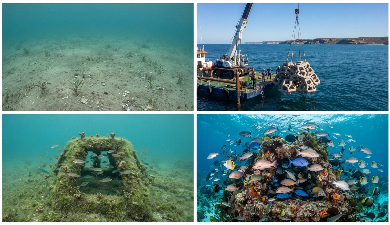 Recifele artificiale au transformat fundul mării într-un habitat pentru zeci de specii de pești. Foto: AI