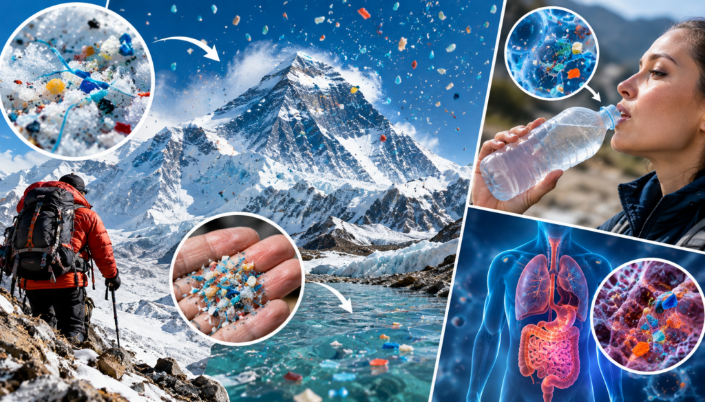 Microplasticele „plouă” peste Muntele Everest. Foto: AI
