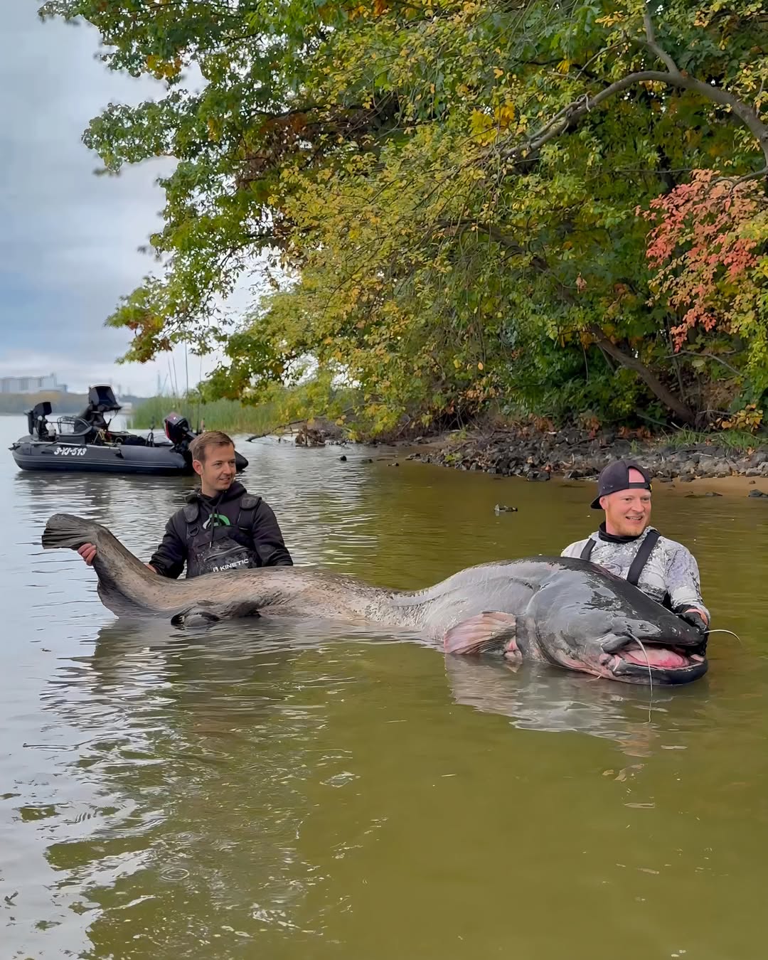 Cei doi pescari s-au luptat mai bine de 30 de minute pentru a aduce somnul lângă barcă. Foto: Instagram